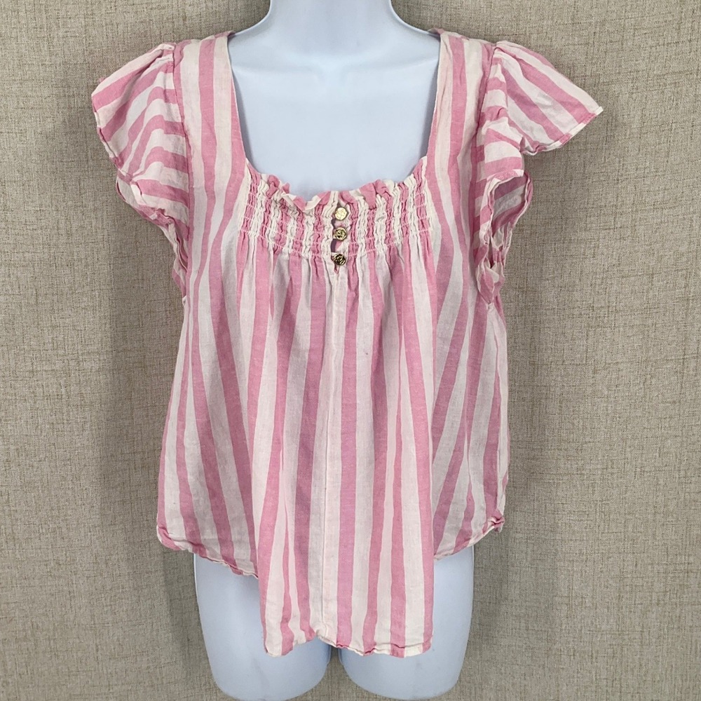 Draper James Blouse Women M Pink Linen Cotton Striped Boho Coastal Top Preppy